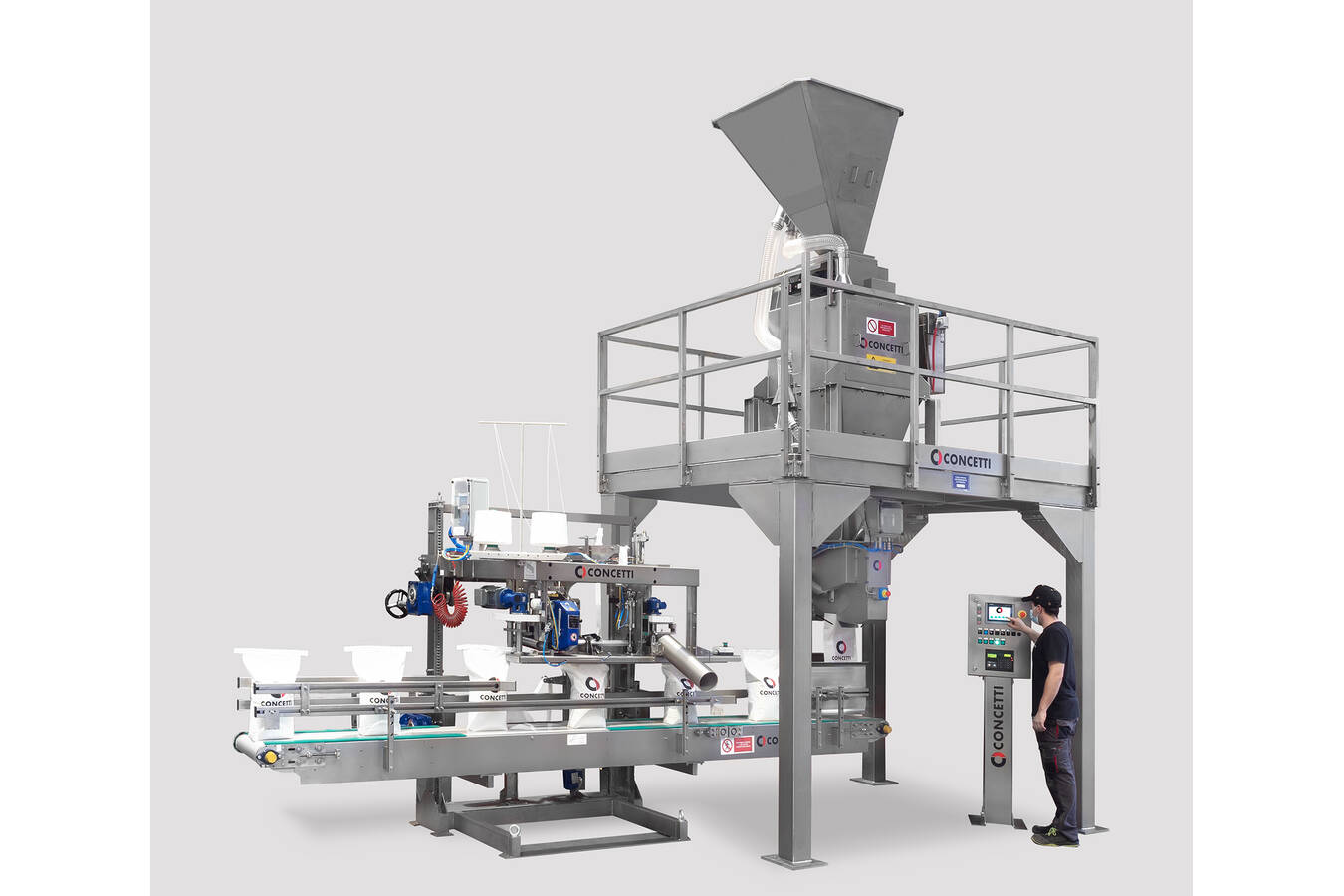 Concetti presents a new semi-automatic filling and closing line Speed and safety for the operator of this semi-automatic packaging plant with a production capacity of up to 1200 bags per hour