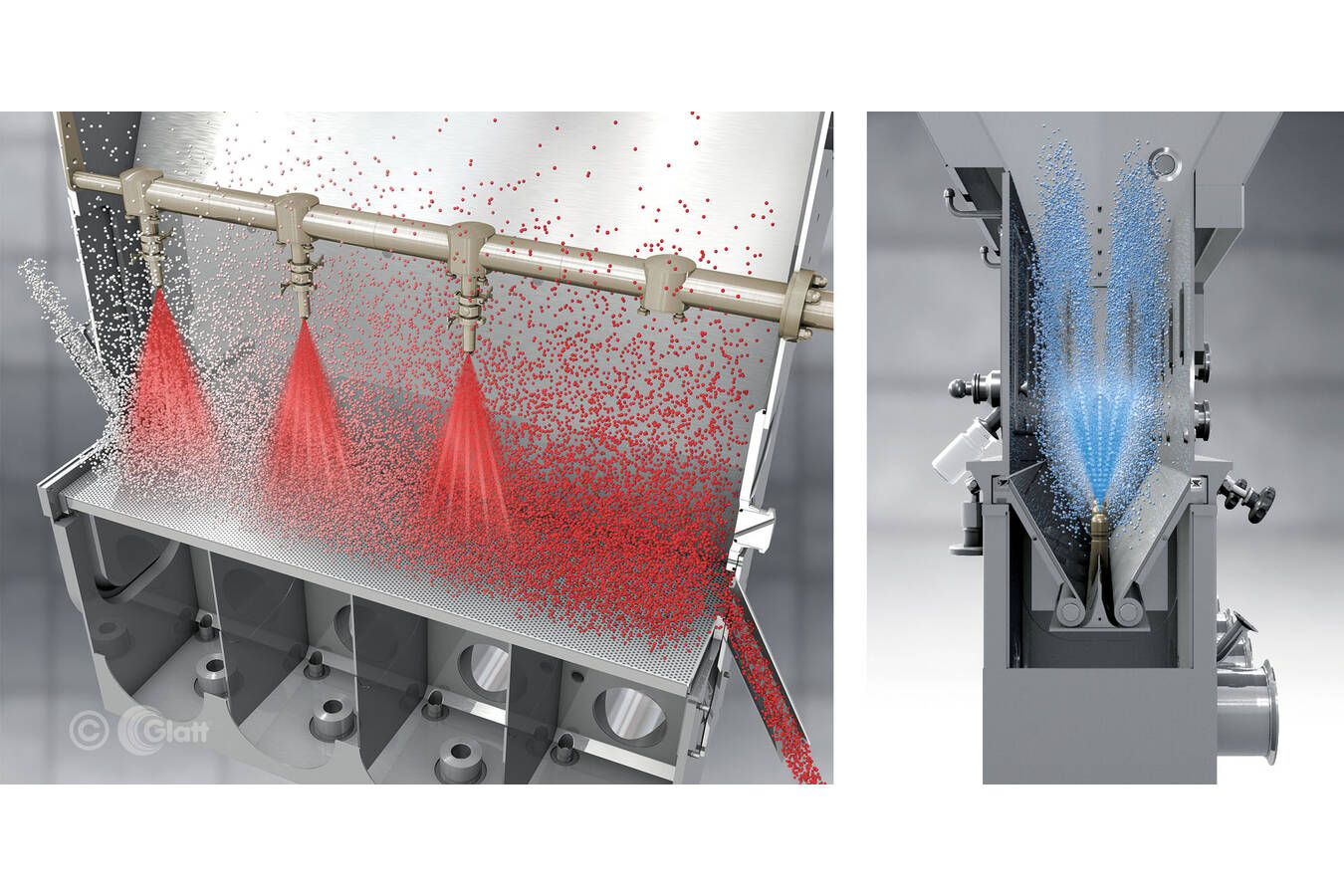 Figures 2 + 3: Continuous fluid bed process, pictured on the left is the top spray option with four process chambers, and continuous spouted bed process with bottom spray option (on the right).