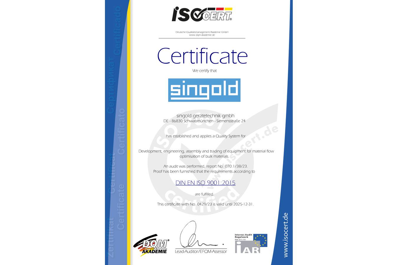 singold receives ISO 9001:2015 certification 