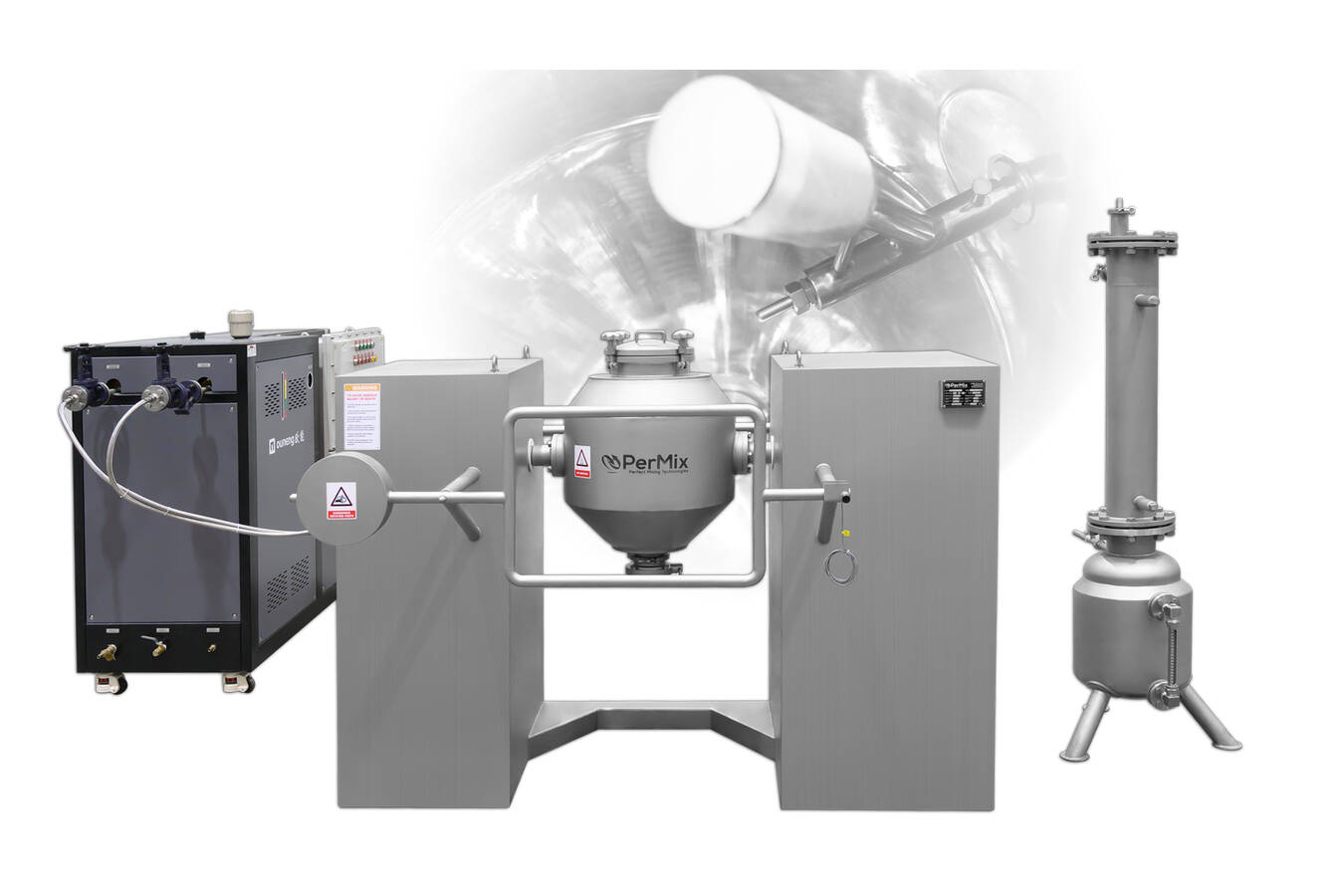 The PerMix Double Cone Mixer performs the mixing by turning the vessel around the shaft, and is suitable for rapid and uniform mixing of free-flowing dry powders, granules, and crystals.